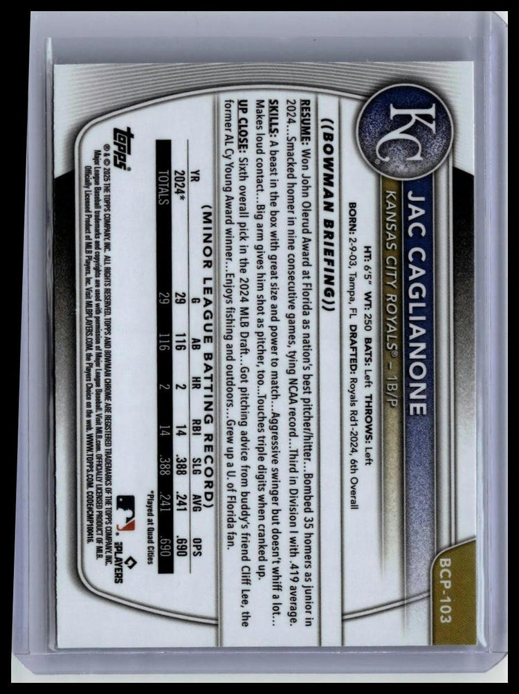 2025 Bowman #BCP-103 Jac Caglianone Chrome Prospects back