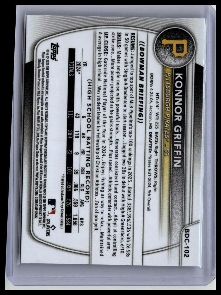 2025 Bowman Draft #BDC-102 Konnor Griffin Chrome back