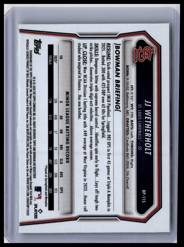 2026 Bowman #BP-115 JJ Wetherholt Prospects Neon Green #/399 back